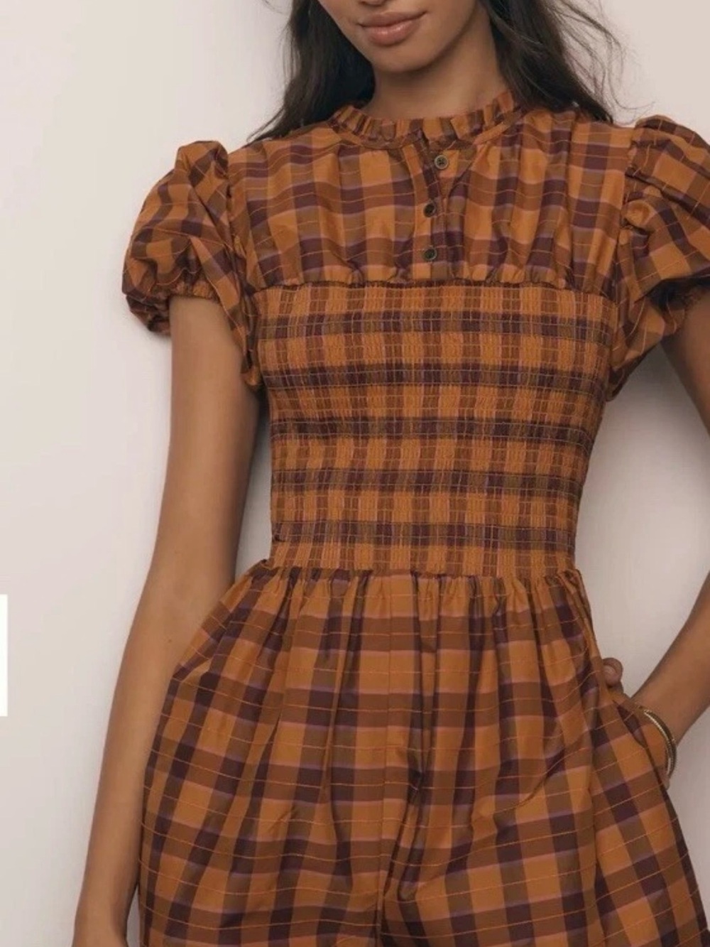 Anthropologie Maeve Puff-Sleeve Smocked Plaid Romper - Size Medium - Picture 1 of 15
